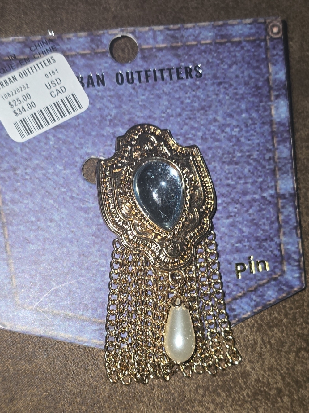 Urban Outfitters Gold Tassel Brooch Pin with Pearl Drop